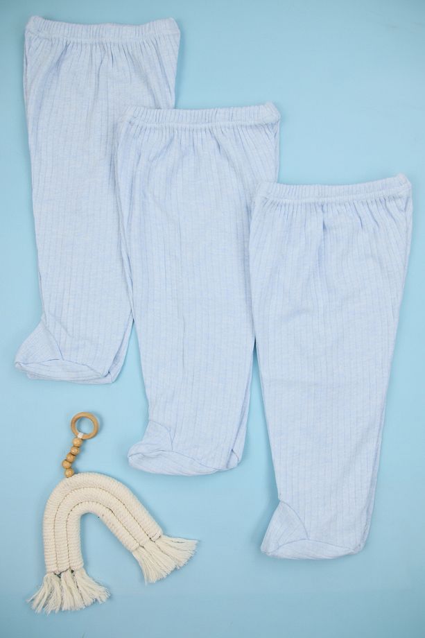 Fitilli Kumaş %100 Pamuk 3'lü Patikli Mavi Bebek Tek Alt Seti, Bebek Pijama Altı - 3