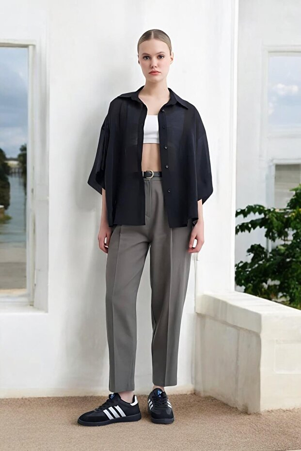 Women's Khaki Belted Pleated Linen Trousers