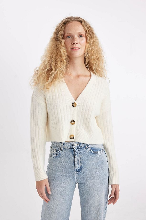 Regular Fit V Yaka Basic Düz Düğmeli Triko Hırka R1389az24wn - 3