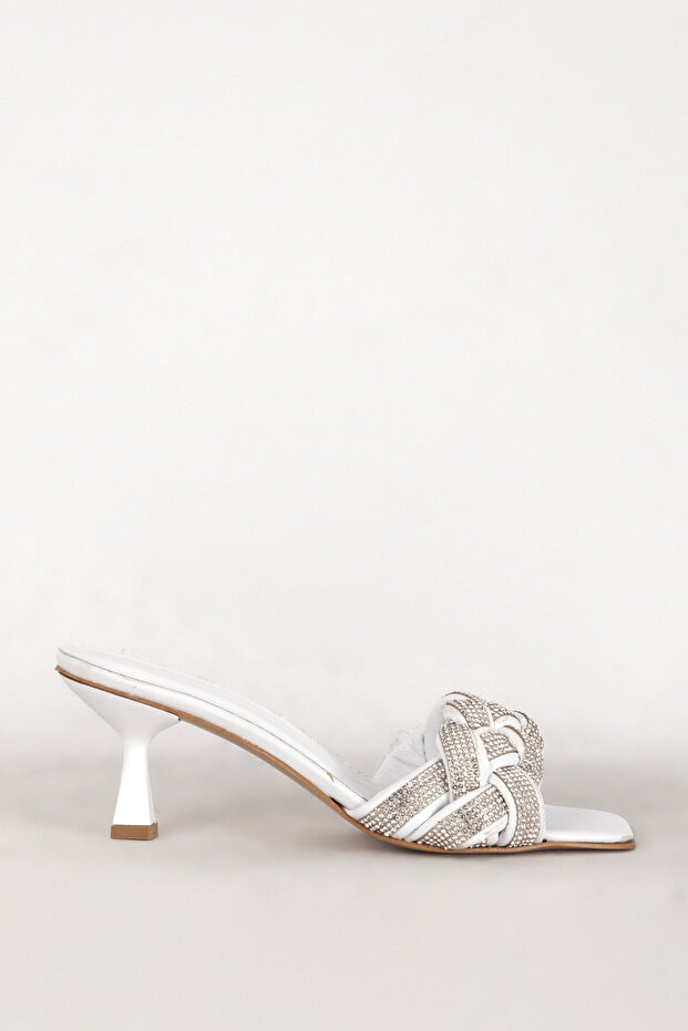 Women's Knitted Embellished Embellished Low Heel Slippers Genuine Leather Zy 7583 White
