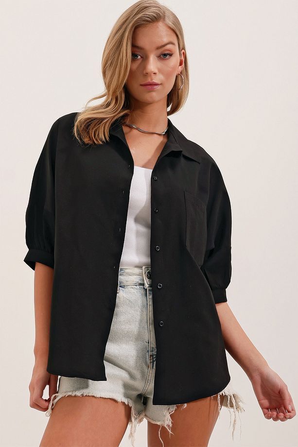 20213 Oversize Kısa Kol Basic Gömlek - Siyah - 4