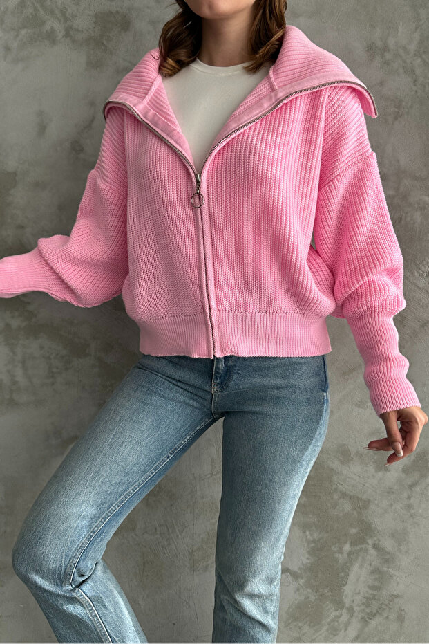 Pembe Devrik Yaka Fermuarlı Triko Hırka - 5