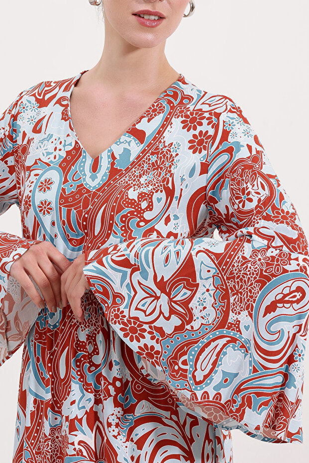 2454 Gemustertes langes Kleid - Weinrot - 3