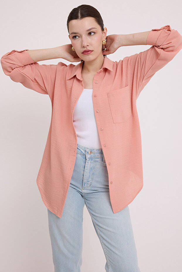 20153 Tek Cepli Oversize Keten Gömlek - Somon - 4