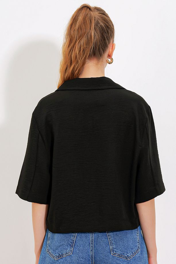 Kadın Siyah Çift Düğmeli Oversize Crop Keten Ceket 0706 - 4