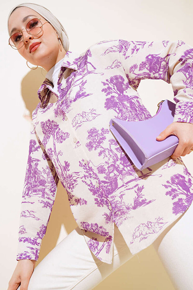 20222 Patterned Oversize Linen Shirt - Lilac