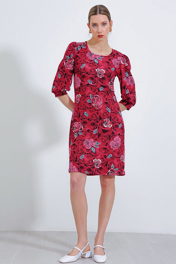 Kadın Bordo Gül Desenli Midi Elbise 2477 - 3