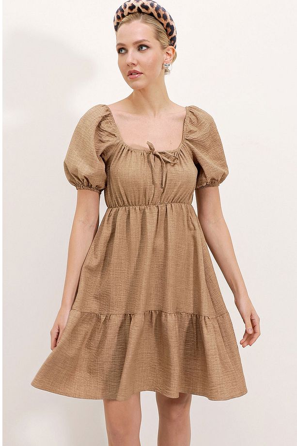 2351 Kloş Poplin Elbise - Camel - 1