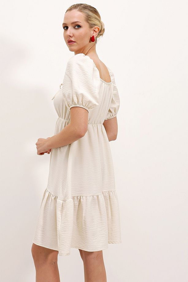 2351 Kloş Poplin Elbise - Ekru - 4