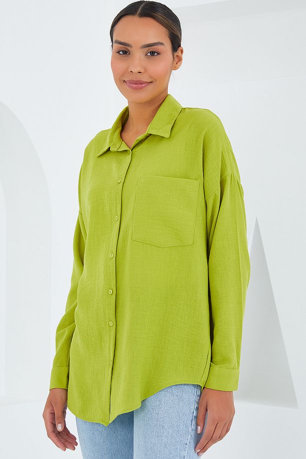 20153 Tek Cepli Oversize Keten Gömlek - Yağ Yeşil - 4