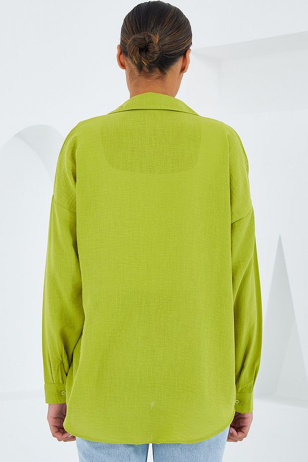 20153 Tek Cepli Oversize Keten Gömlek - Yağ Yeşil - 5