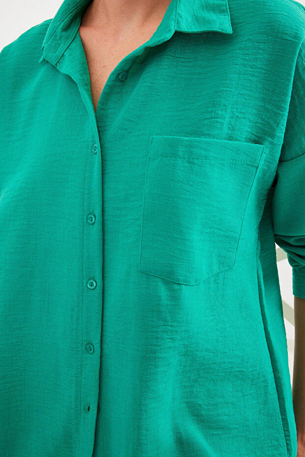 20153 Tek Cepli Oversize Keten Gömlek - Turkuaz - 6