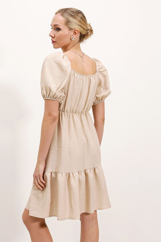 2351 Kloş Poplin Elbise - Krem - 4
