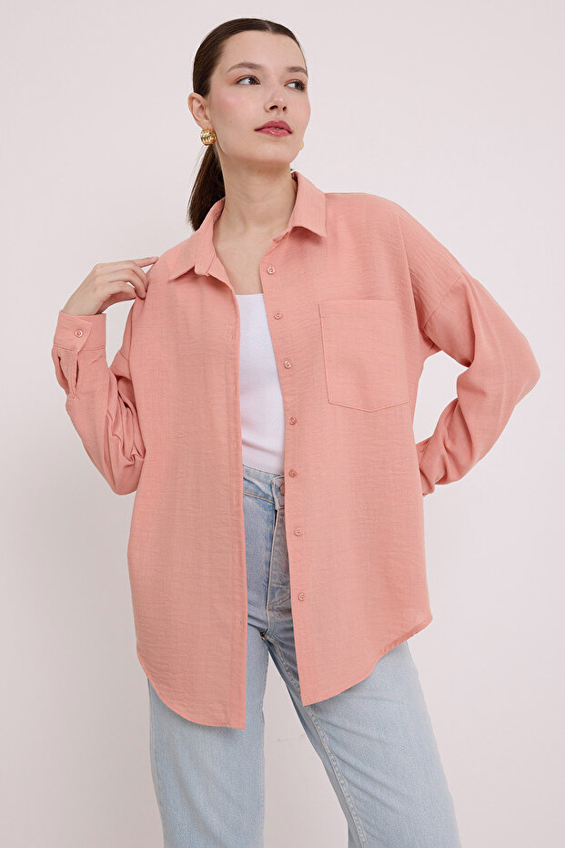 20153 Tek Cepli Oversize Keten Gömlek - Somon - 5