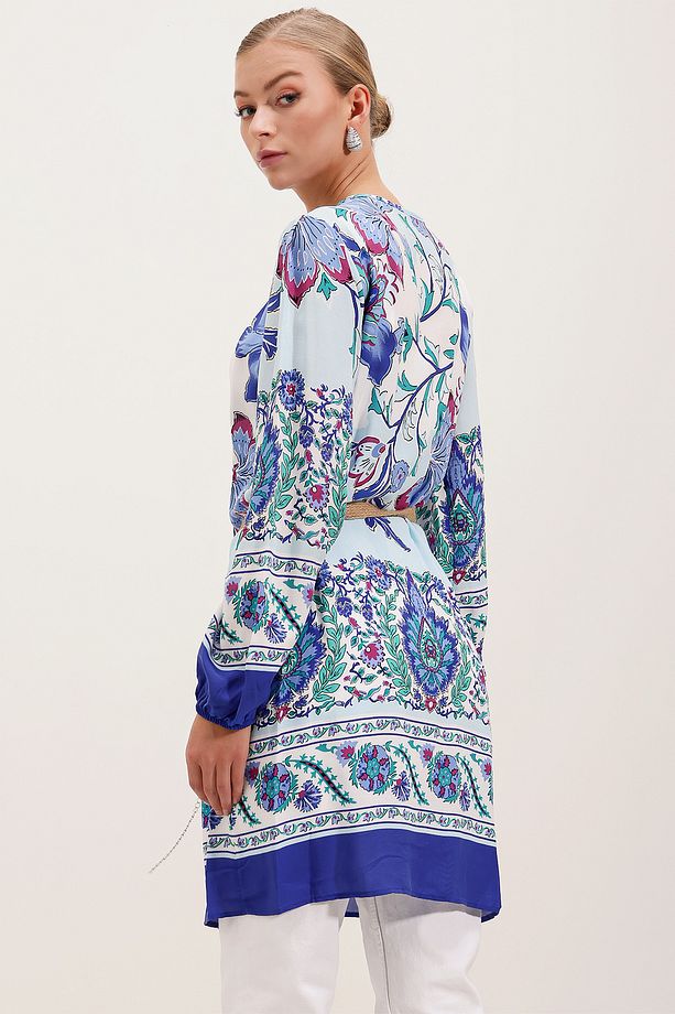 5902 Kemerli Desenli Elbise - Saks - 5