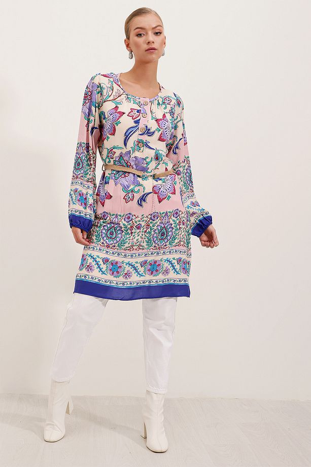 5902 Kemerli Desenli Elbise - Mor - 3