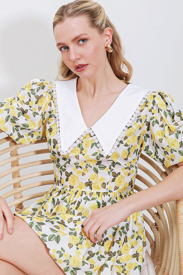 2478 Çiçekli Mini Elbise - Sarı - 3