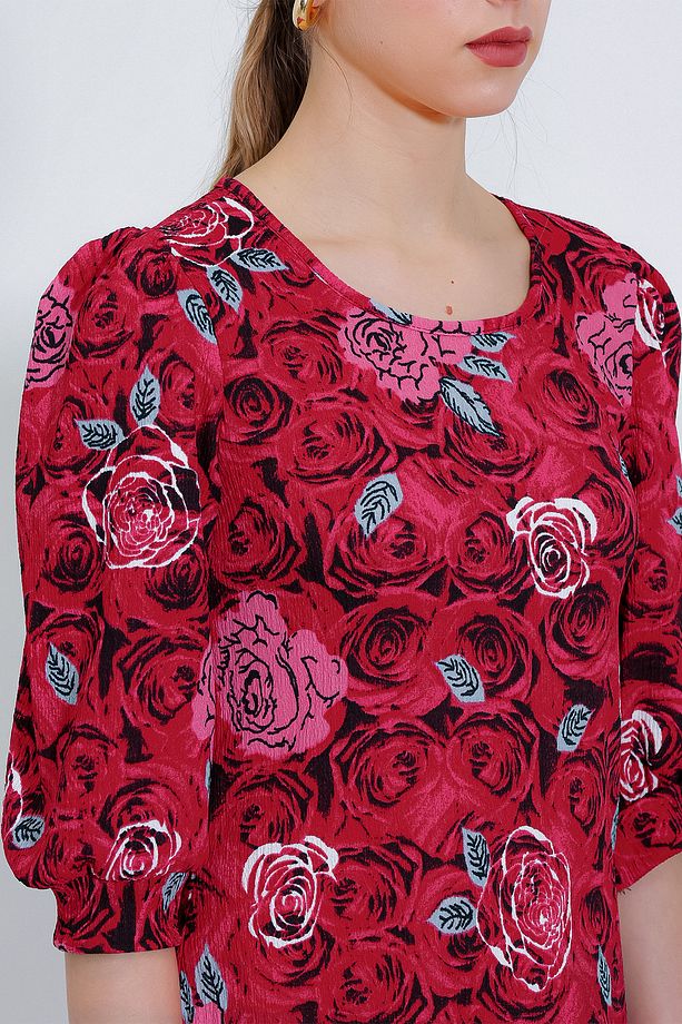 Kadın Bordo Gül Desenli Midi Elbise 2477 - 4