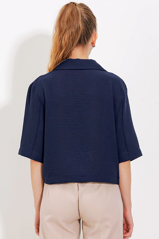 Kadın Lacivert Çift Düğmeli Oversize Crop Keten Ceket 0706 - 5
