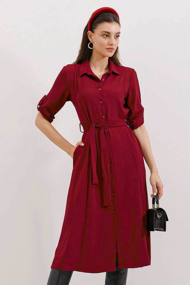 Women's Burgundy Belted Shirt Dress 2442