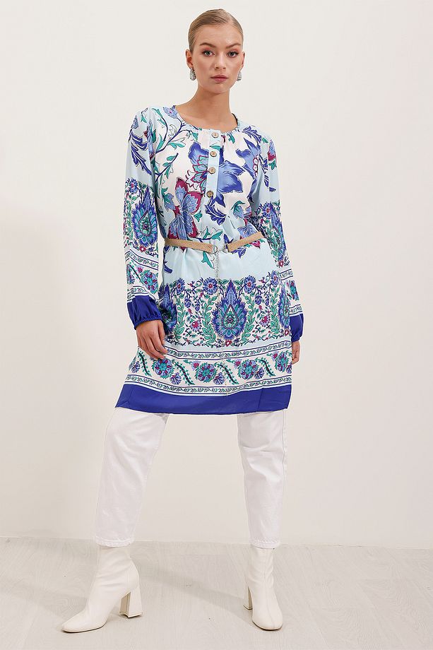 5902 Kemerli Desenli Elbise - Saks - 4