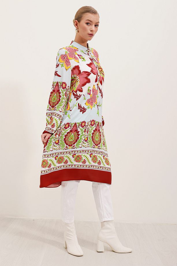 5903 Desenli Viskon Elbise - Bordo - 4