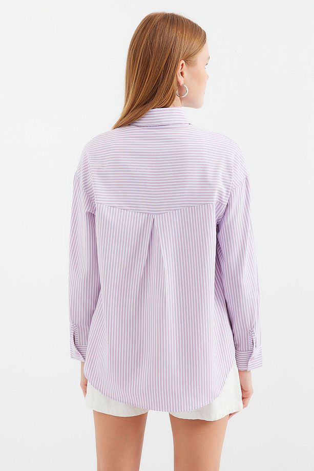 20212 Tek Cepli Çizgili Oversize Gömlek - Pembe - 5