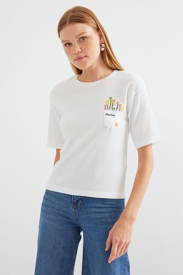 912 Baskılı Örme Basic Tişört - Beyaz - 2