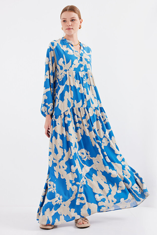 2423 Model Authentic Patterned Indigo Dress - 2