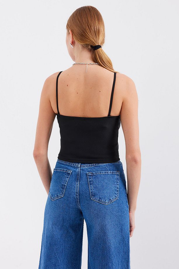 918 İp Askılı Crop Top - Siyah - 5