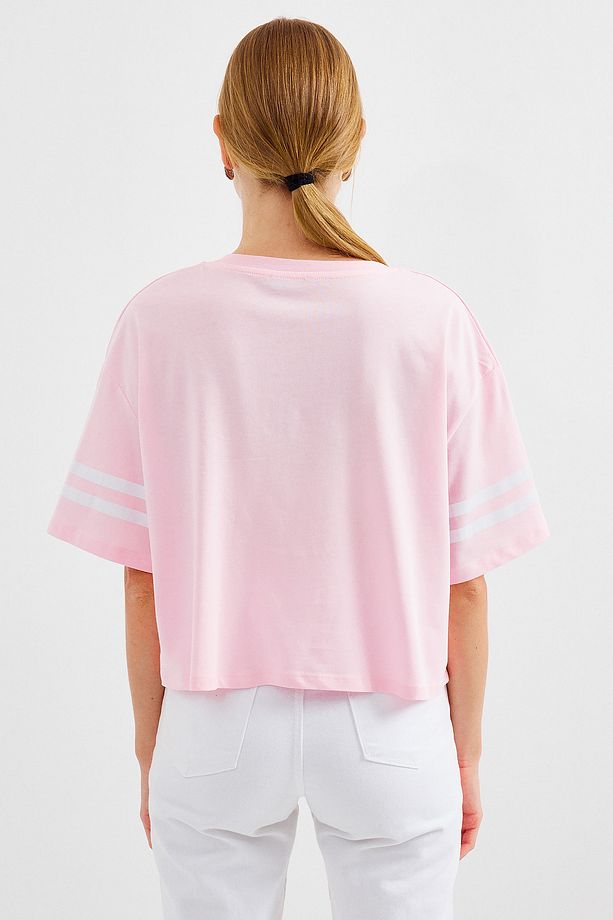 4322 Baskılı Oversize Basic Tişört - Pembe - 6