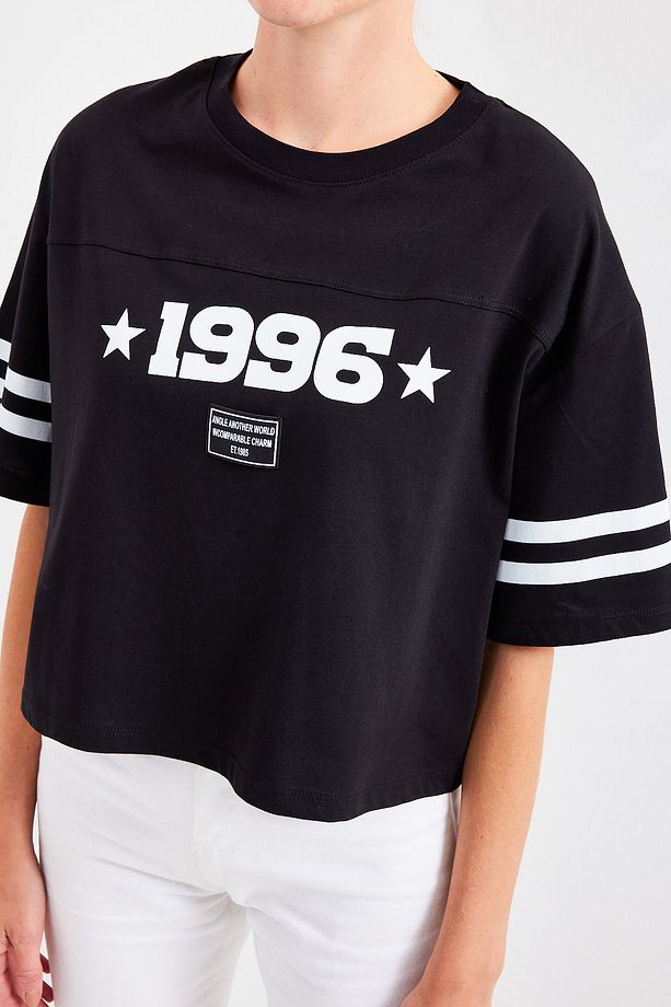 4322 Baskılı Oversize Basic Tişört - Siyah - 5