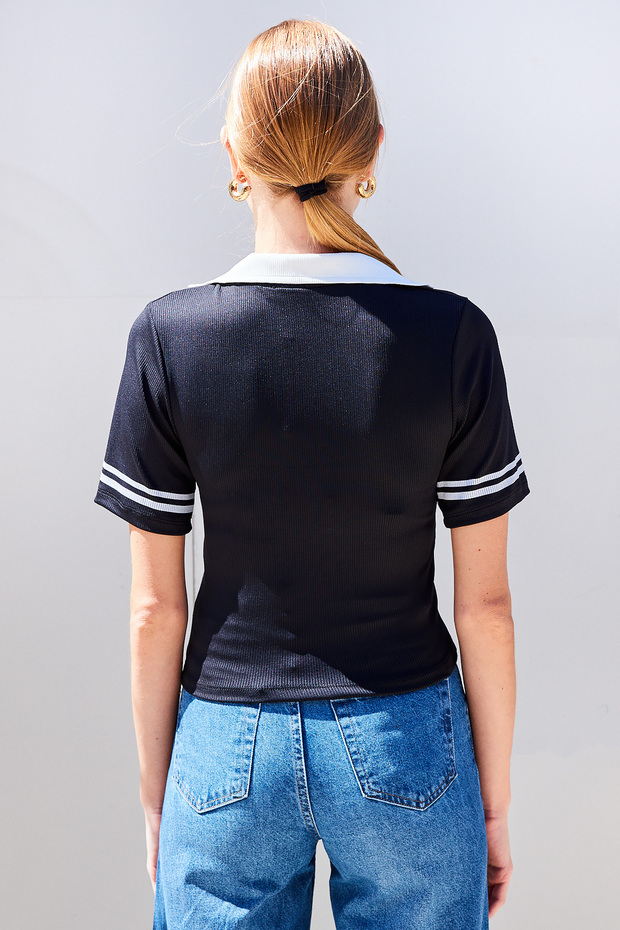 4320 Polo Yaka Basic Triko Bluz - Siyah - 6