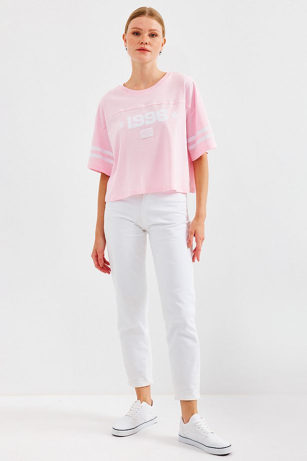 4322 Baskılı Oversize Basic Tişört - Pembe - 2
