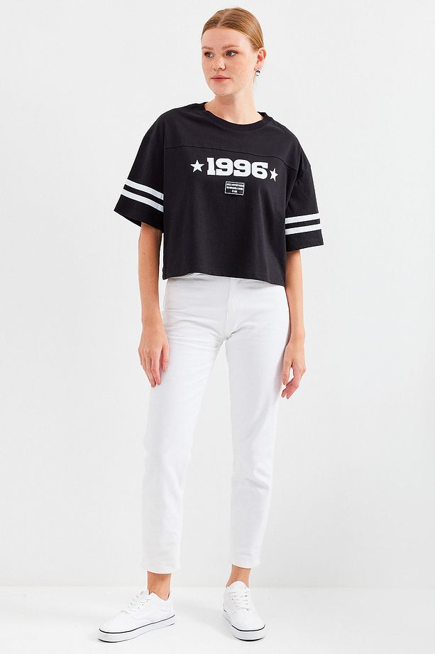 4322 Baskılı Oversize Basic Tişört - Siyah - 2