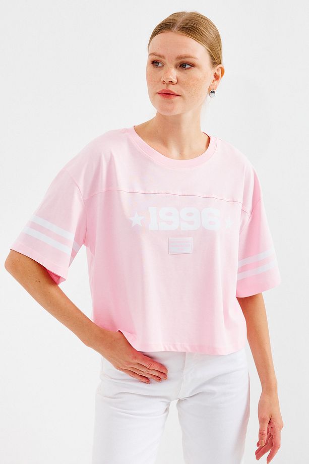 4322 Baskılı Oversize Basic Tişört - Pembe - 4