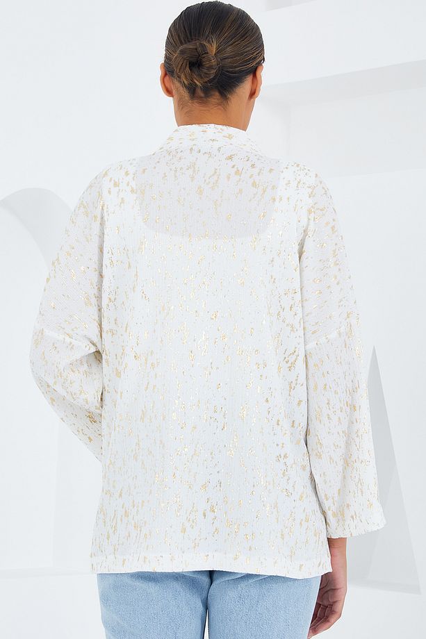 Kadın Ekru Varaklı Örme Kimono 5925 - 5
