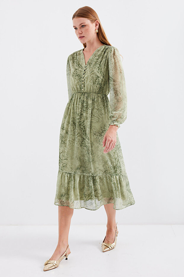 2137 Model Green Patterned Chiffon Dress