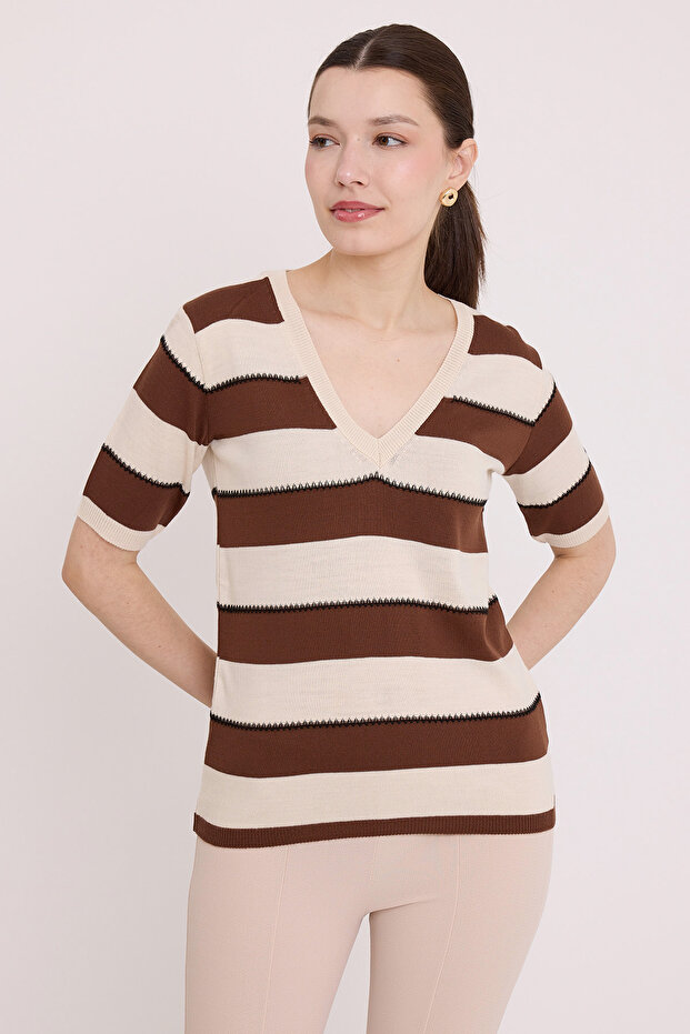 Women's Coffee Cream Striped Short Sleeve Blouse 15869