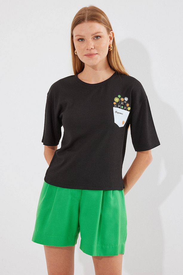 912 Baskılı Örme Basic Tişört - Siyah - 2