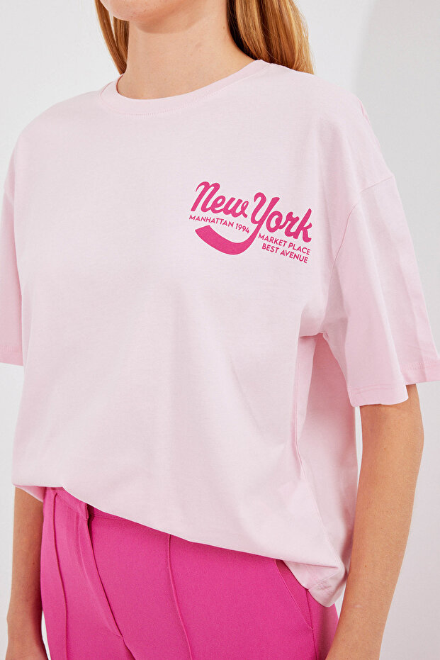 4318 Baskılı Basic Tişört - Pudra - 4