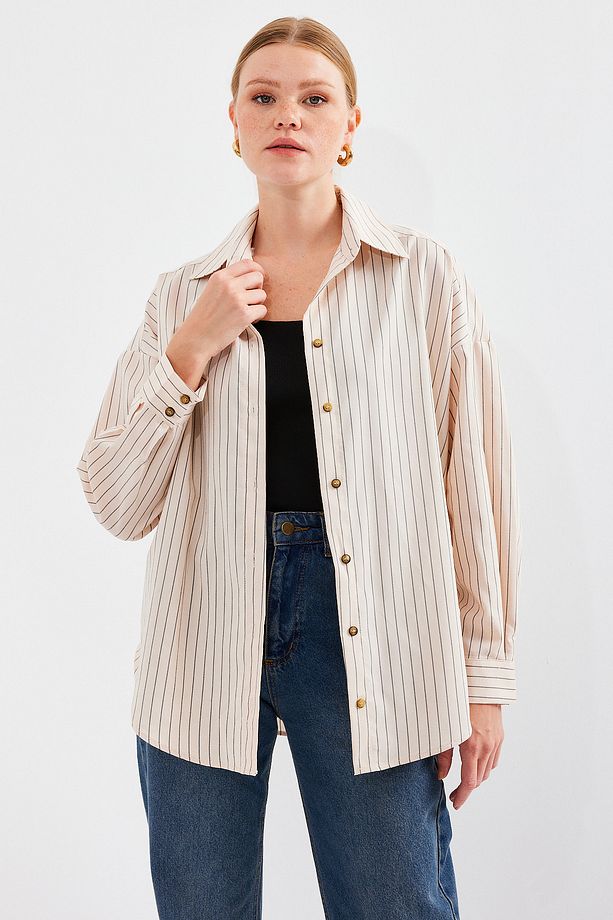 20208 Çizgili Oversize Uzun Basic Gömlek - Krem - 2