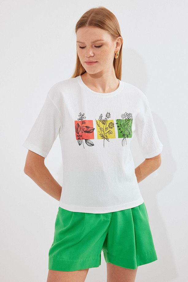 913 Baskılı Örme Basic Tişört - Beyaz - 2