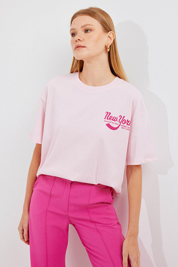 4318 Baskılı Basic Tişört - Pudra - 3