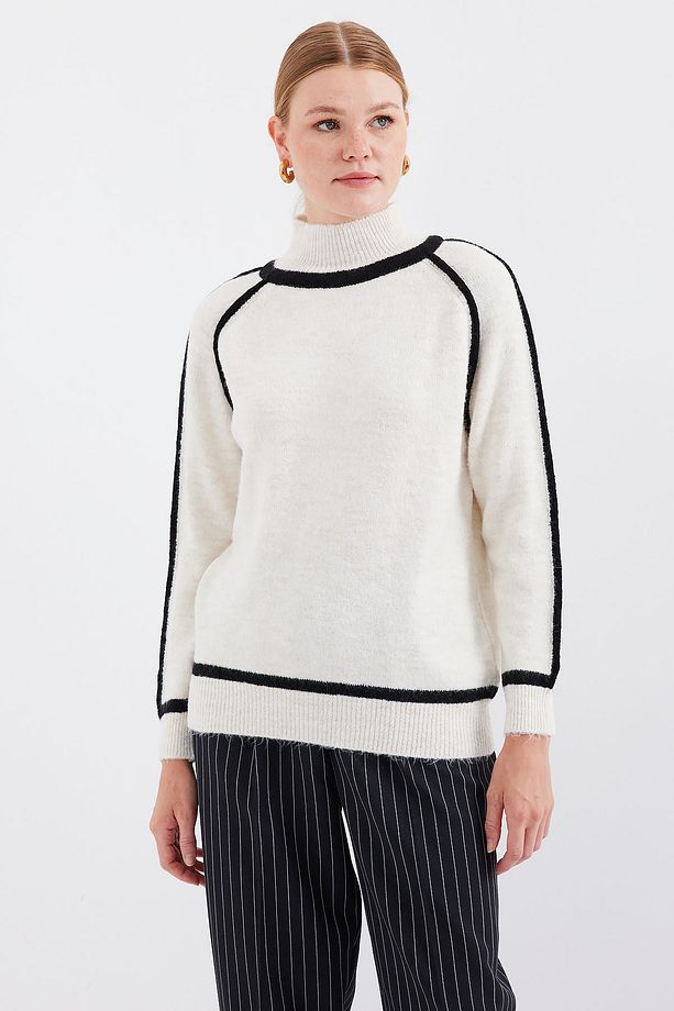 15879 Çizgili Oversize Triko Kazak - Ekru - 3