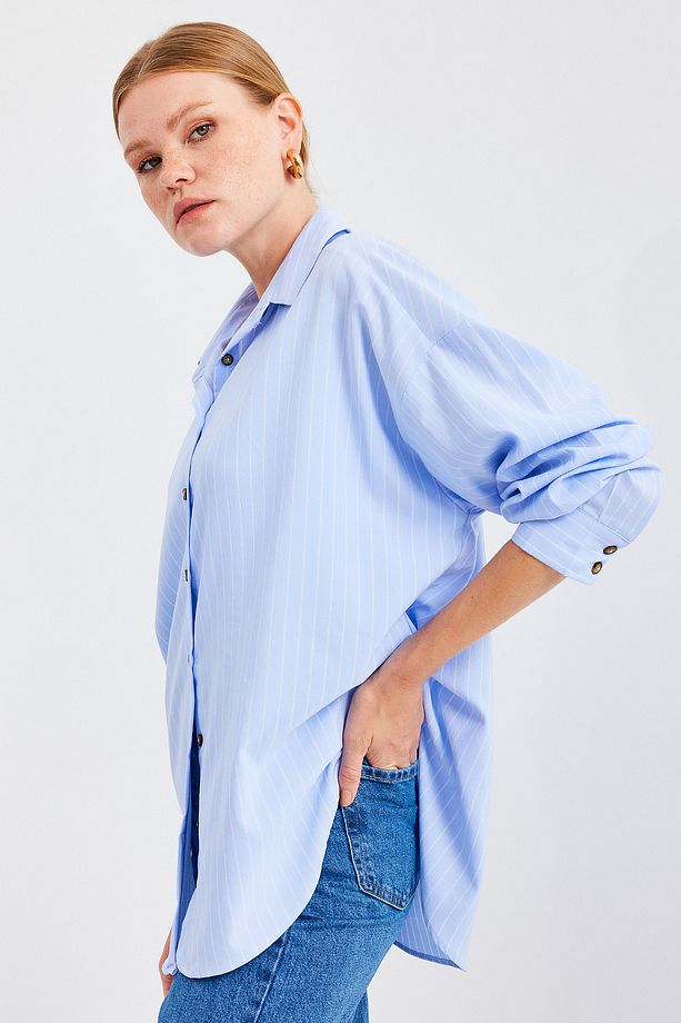 20208 Çizgili Oversize Uzun Basic Gömlek - Mavi - 4