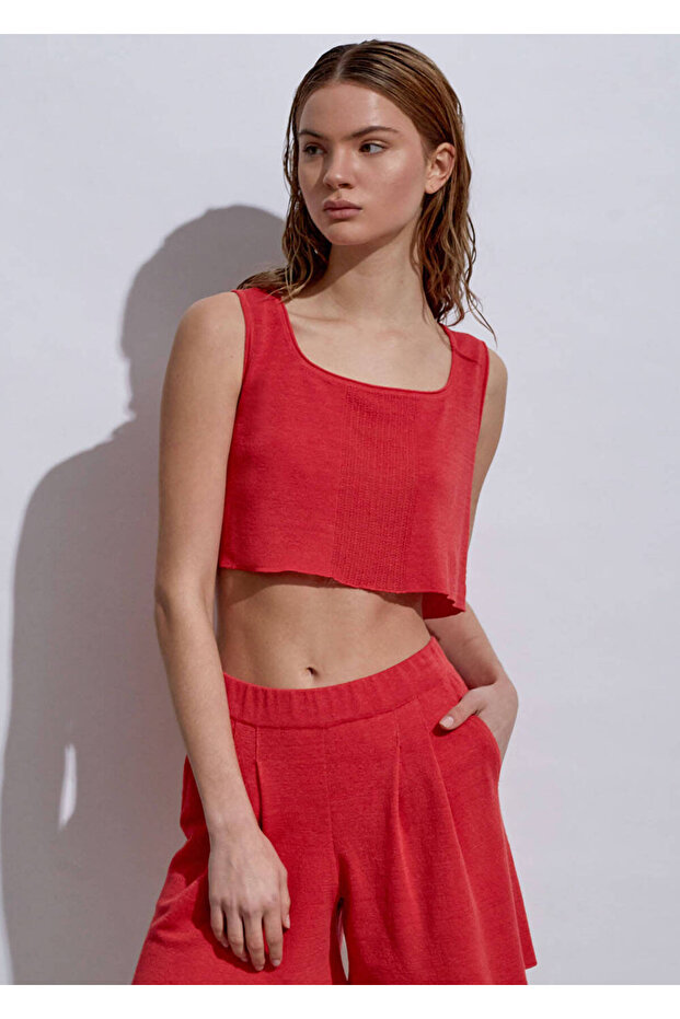 Keten Mercan Crop Triko Üst