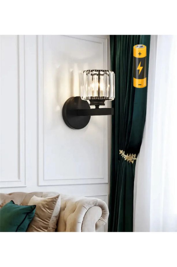 Modern Luxury Pilli Aplik Kristal Taşlı Ledli Aplik Tak Çalıştır Mat Siyah Gövde - 1