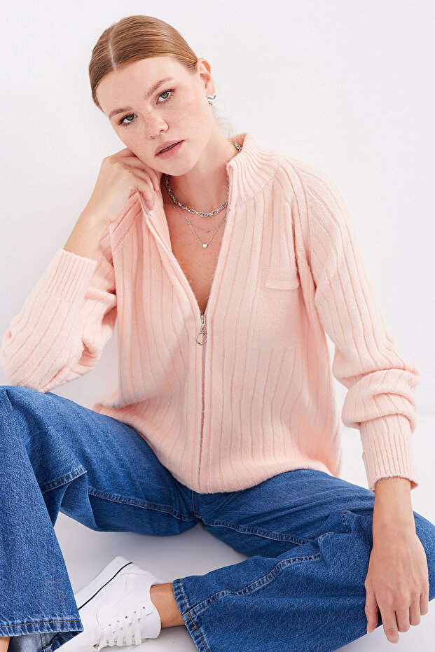 15880 Model Powder Color Zippered Knitwear Cardigan