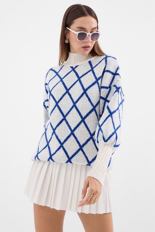 15889 Balıkçı Yaka Oversize Triko Kazak - Saks - 1